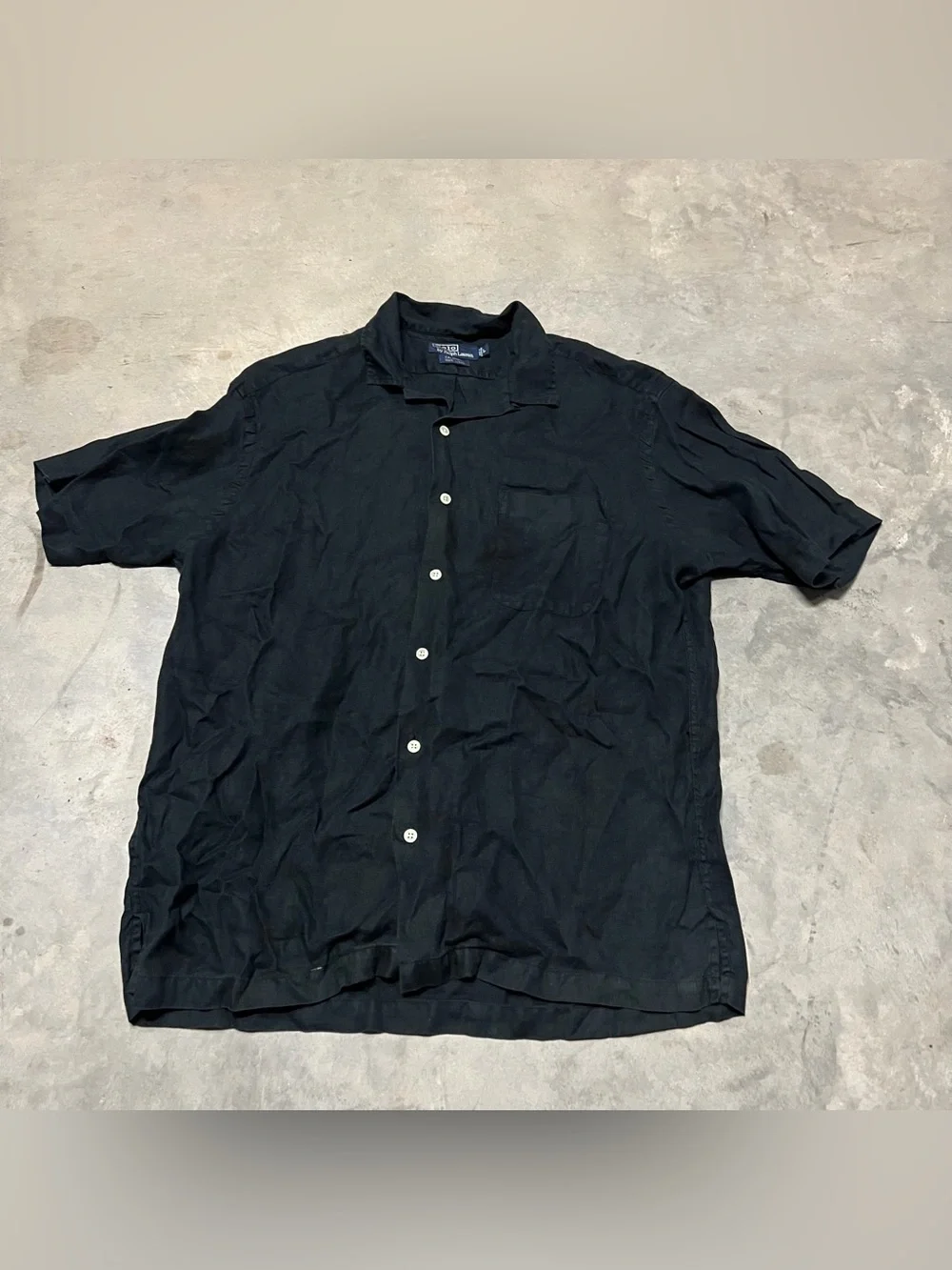Vintage Polo Ralph Lauren Linen Caldwell Shirt Mens L Black Pocket Loop Collar